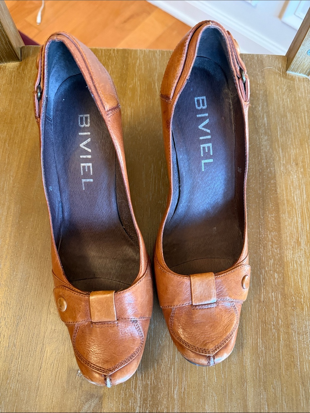 BIVIEL Women's Tan Leather Mid Heel Pumps